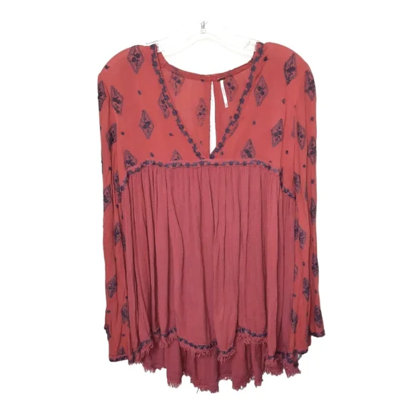FREE PEOPLE Flowy Boho Tunic Dress Cottage Embroidered Burnt Orange Blu Roomy XS - Picture 2 of 11